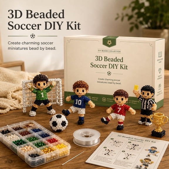 Bomd Soccer Beaded DIY Kit, 3D Soccer Themed Bead Embroidery Craft Set, Complete Kit with Step-by-Step Guide, All Materials Included, Fun Beadwork Project for Beginners and Soccer Fans