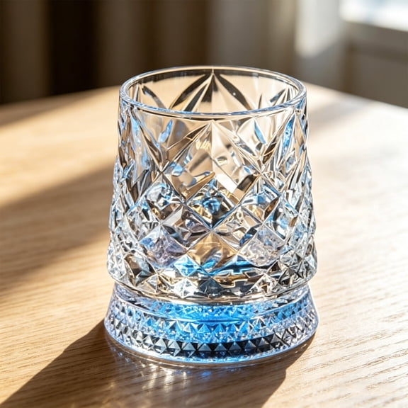 Bomd Spinning Whiskey Glass with Ambient Lighting Set, 360 Degree Rotating Crystal Tumbler with Vintage Ribbed Patterns & 7 Color Lighting, Cool Drinking & Unique Gift for Men