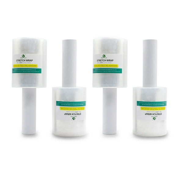 Bomei Pack Handle 5" 1000ft 80 Gauge Clear Stretch Industrial Mini Wrap, Clear, 4 Pack