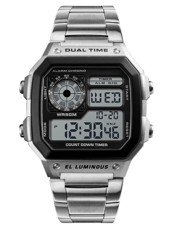 Watches for Man Classic Square Stainless Steel Digital Watch with Dual Time, Stopwatch, Alarm & Calendar Gift for Men