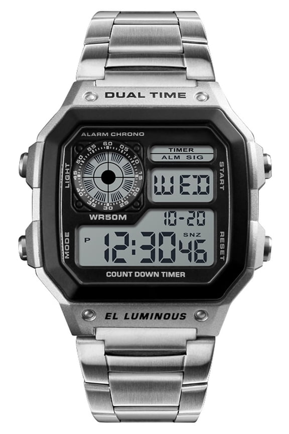 Watches for Man Classic Square Stainless Steel Digital Watch with Dual Time, Stopwatch, Alarm & Calendar Gift for Men