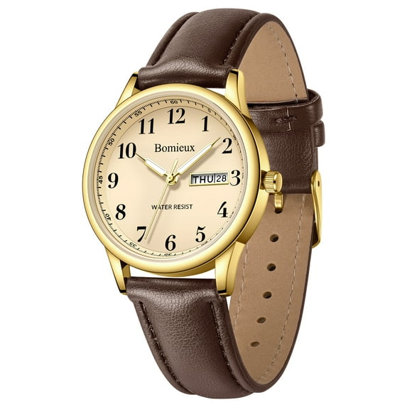 Bomieux Watches for Man Minimalist Quartz Watch with Leather Strap & Calendar 30M Water Resistant Watch Gift for Man
