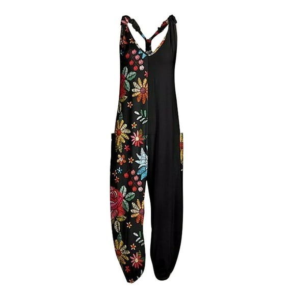 Bomotoo Ladies Romper Bohemian Jumpsuits Floral Print Long Pants Baggy Trousers Summer Harem Pant 2 Black S
