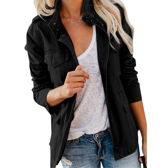 Bomotoo Women Outwear Lapel Military Jacket Long Sleeve Coat Lightweight Utility Jackets Outdoor Black S