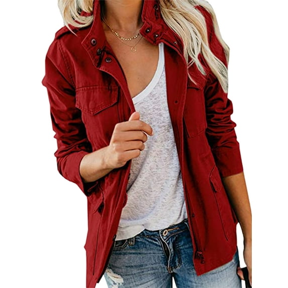 Bomotoo Women Outwear Lapel Military Jacket Long Sleeve Coat Lightweight Utility Jackets Outdoor Wine Red XL