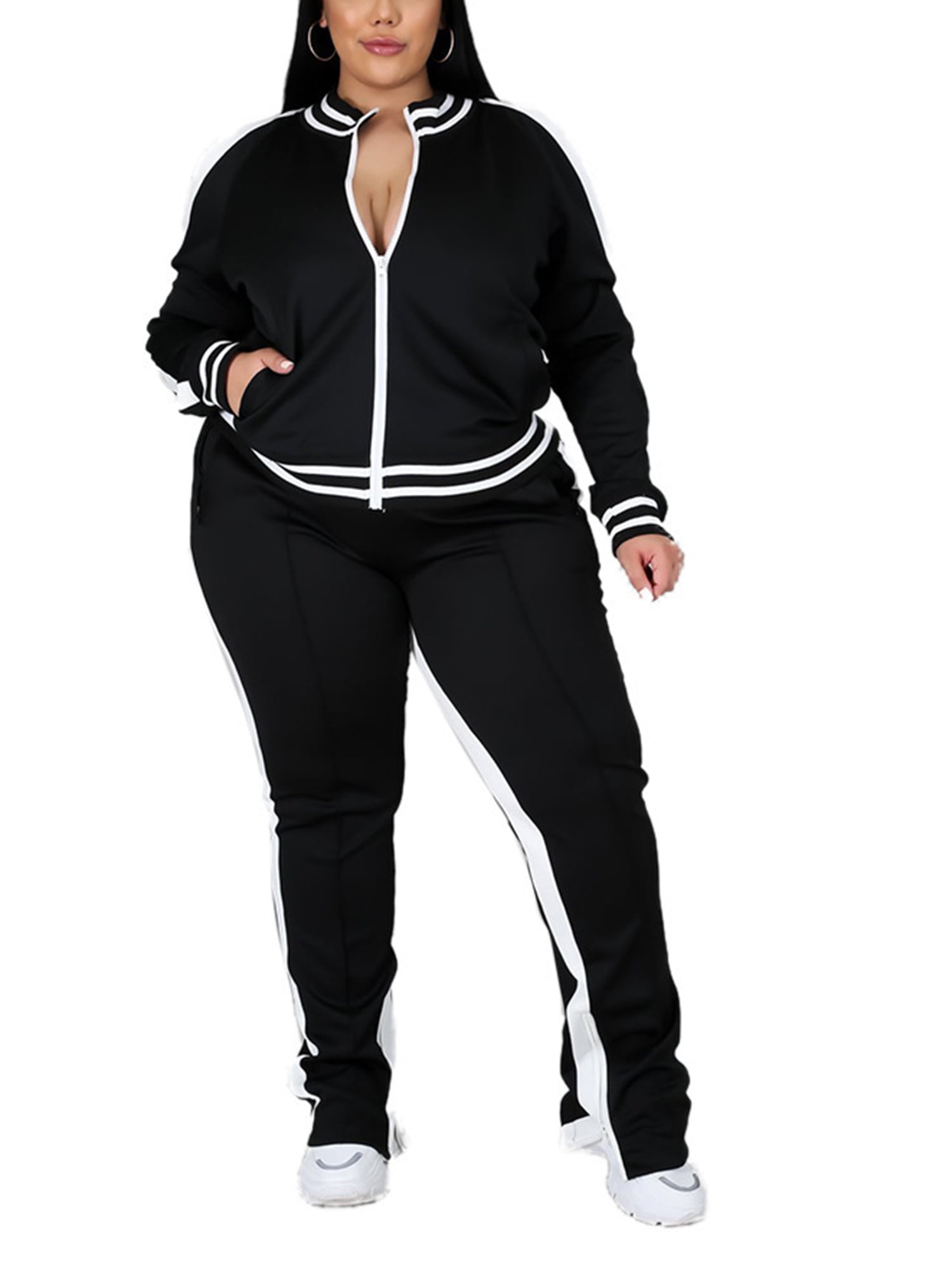 Bomotoo Women Plus Size Jacket+Sweatpants Color Block Front Zip Jogger Set  Jogging Oversized Slim Leg Two Piece Outfit Black L