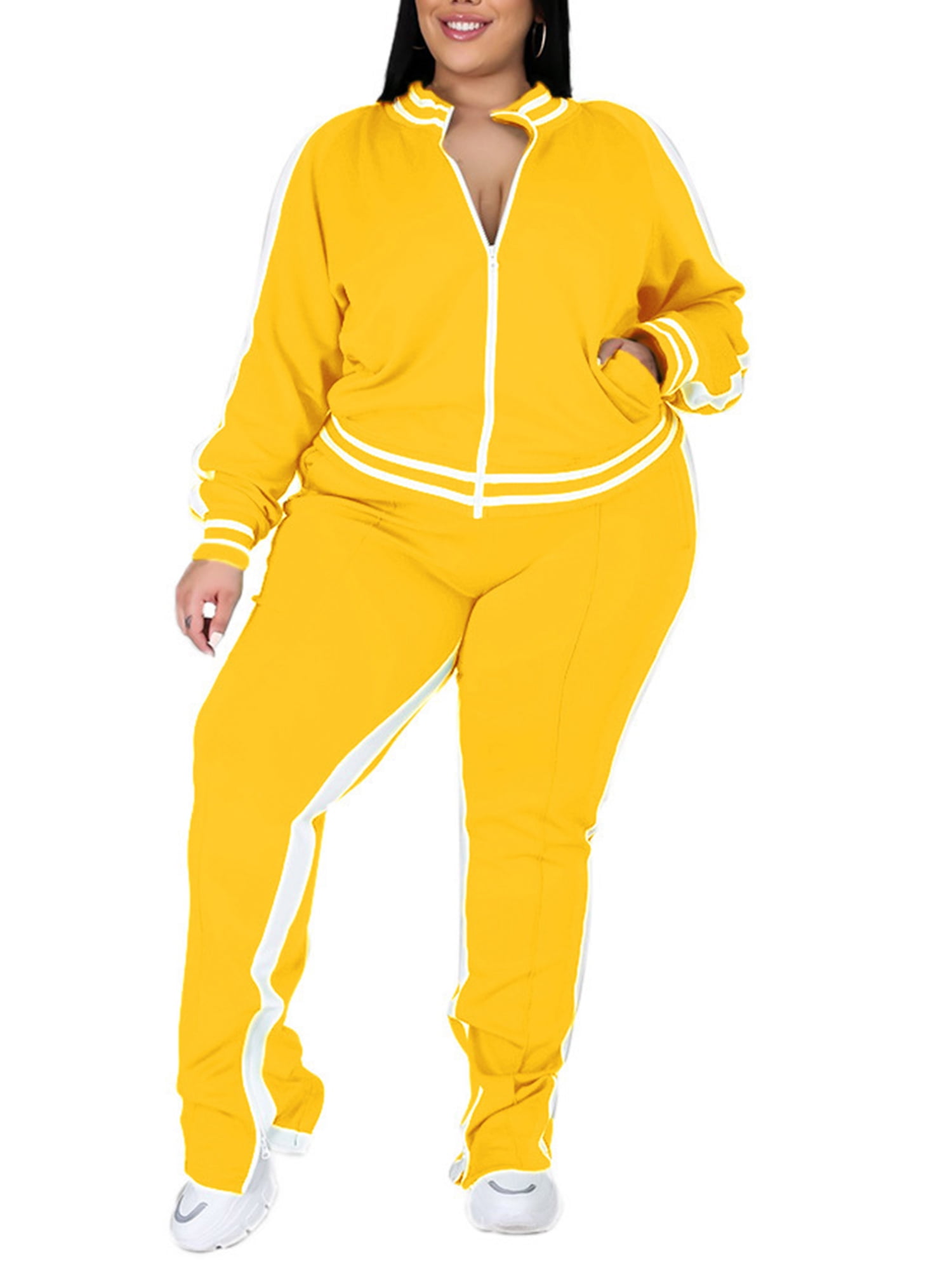 Bomotoo Women Plus Size Jacket+Sweatpants Color Block Front Zip Jogger Set  Jogging Oversized Slim Leg Two Piece Outfit Yellow XXXL