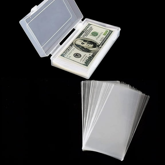 Trianu 100Pcs Clear Plastic Paper Money Sleeves Holder with Storage Box, Bill Protector Slab Holder for Currency, Money, Bill, Banknote, Stamp
