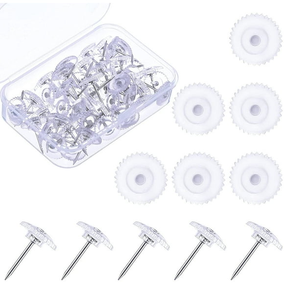Trianu 100Pcs Clear Thumb Tacks for Wall Hangings Plastic & Gear Push Pins Cork Board Flat Head Transparent Bulletin Posters Photos Postcards Maps Office Decorative