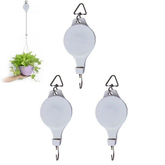 Trianu 3 Pack Plant Pulley, Retractable Heavy Duty Easy Reach Pulley Plant Hanging Flower Basket Hook Hanger for Garden Baskets Pots & Birds Feeder, White