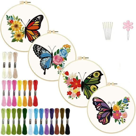 Trianu 4 Pack Embroidery Kit for Beginners Adults, Cross Stitch Kits with 1 Plastic Embroidery Hoops, Needles and Color Threads, Needlepoint Kit for Adults (Butterfly Pattern)