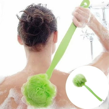 Trianu Bath Pouf with Handle, Back Scrubber for Shower Nylon Mesh Loofah on a Stick for Men Women, Exfoliating Bathing Showering Scrub Washer Luffa Brush (1 Pack-Green)