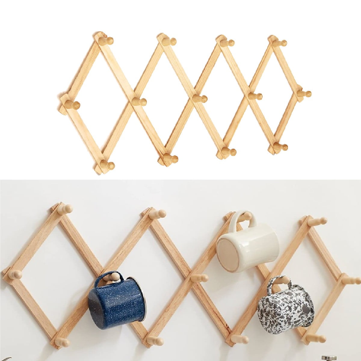 2 Pack Wood Expandable Peg Rack Multi Purpose Accordion Wall Hangers with 13 Hooks for Hats Coat Mugs Scarf Jewelry Storage Walmart