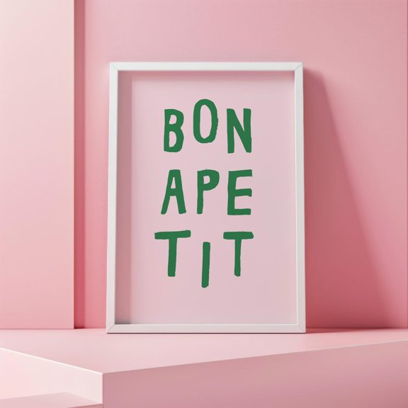 Bon App Tit Kitchen Decor Pink And Green Typography Wall Art Design1 Unframed Paper Print