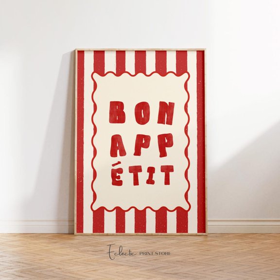 Bon Appétit Kitchen Wall Art French Typography Red Retro Kitchen Decor Bistro Style