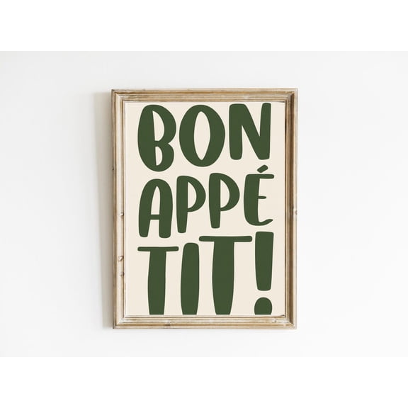 Bon Appétit Poster: Retro Green Kitchen Art, Stretched Canvas Size 8x12