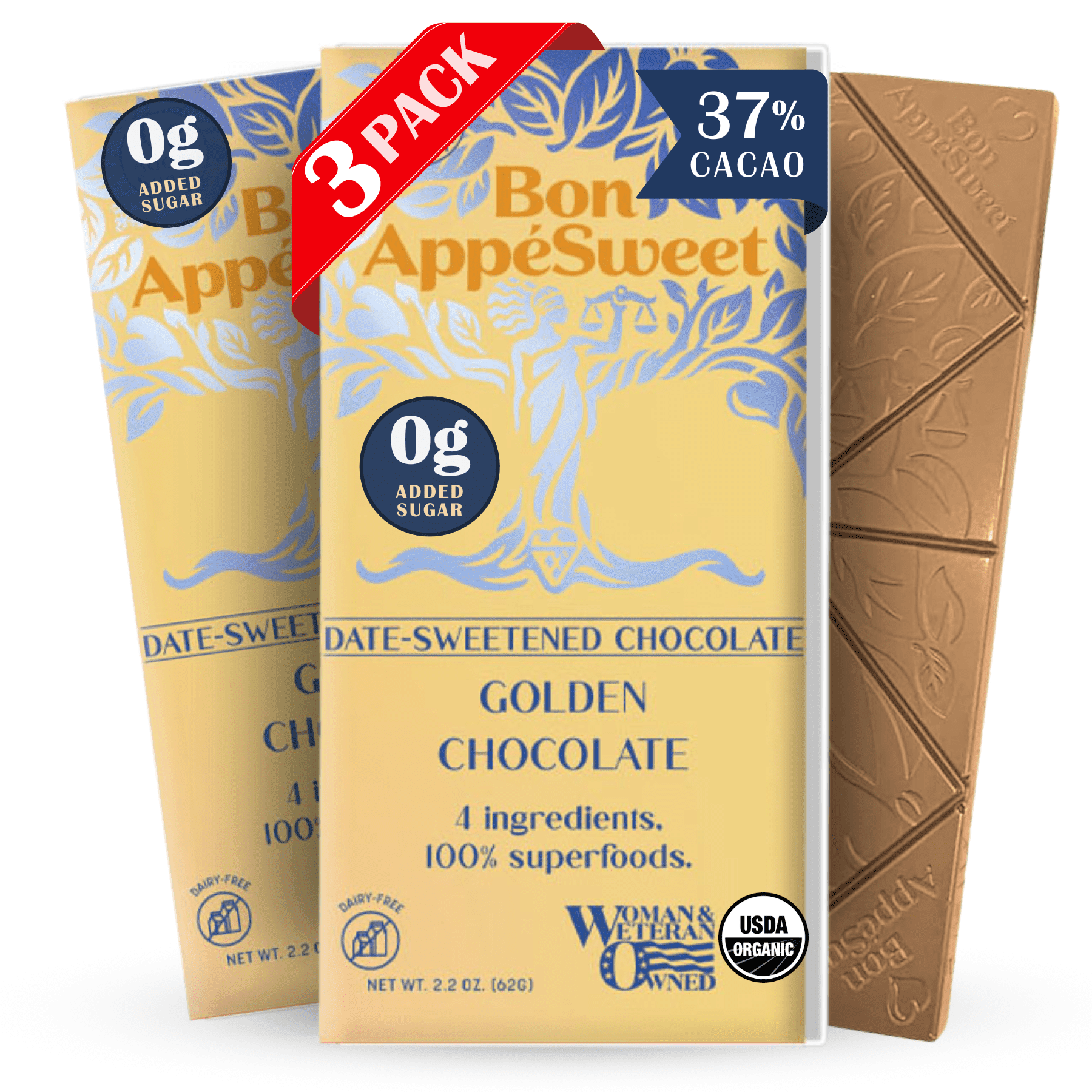 Bon Appesweet Date Sweetened Chocolate Bar - Golden Chocolate | 2.2 Ounce (Pack of 3) | Organic, Zero Added Sugar, 37% Cacao, Plant Based, Dairy Free, and Guilt Free!