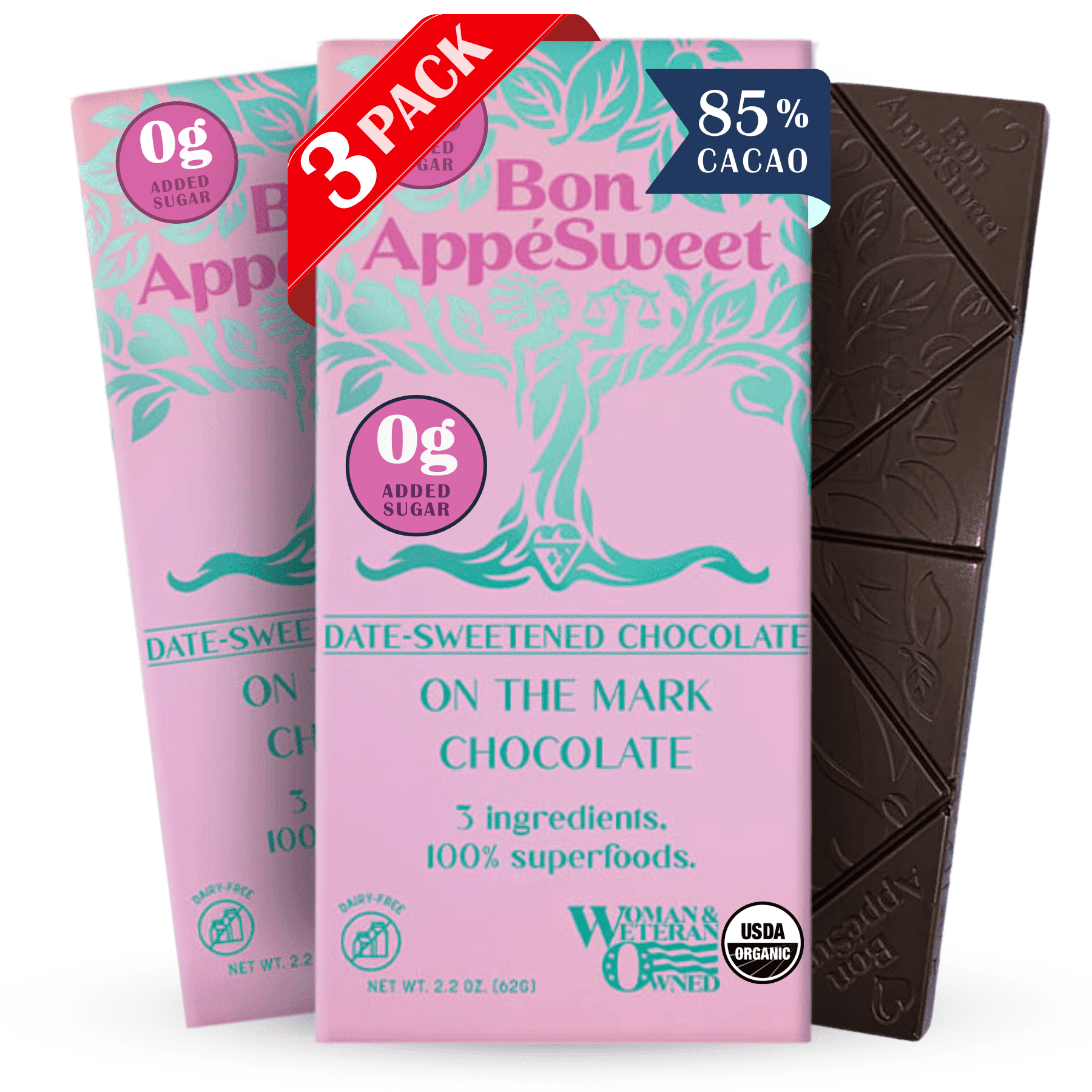 Bon Appesweet Date Sweetened Chocolate Bar - On The Mark Chocolate | 2.2 Ounce (Pack of 3) | Organic, Zero Added Sugar, 85% Cacao, Plant Based, Dairy Free, and Guilt Free!
