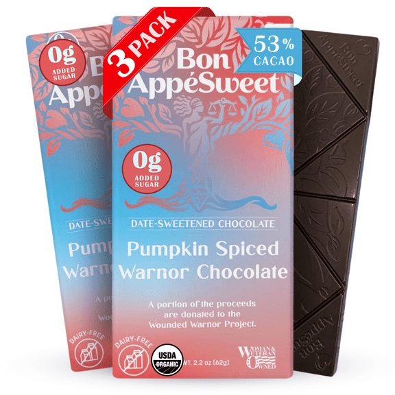 Bon Appesweet Date Sweetened Chocolate Bar - Pumpkin Spiced Warnor Chocolate | 2.2 Ounce (Pack of 3) | Organic, Zero Added Sugar, 53% Cacao, Plant Based, Dairy Free, and Guilt Free!