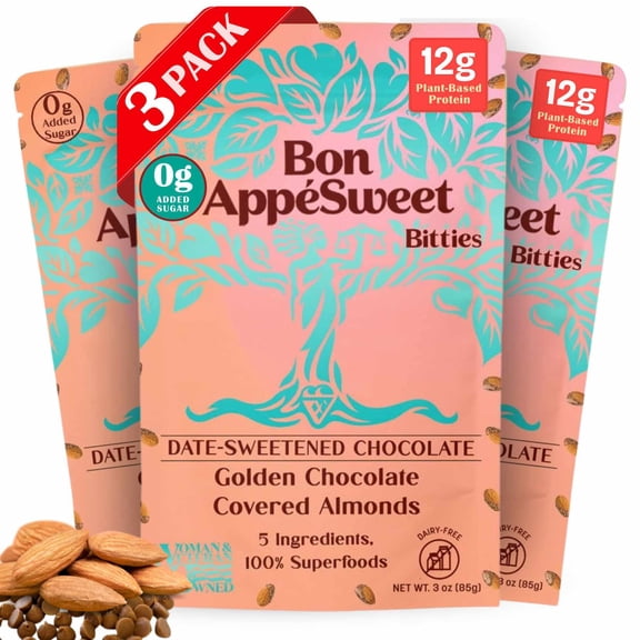 Bon Appesweet Date Sweetened Chocolate Covered Almond Protein Snacks - Golden Chocolate Covered | 3 Ounce (Pack of 3) | Zero Added Sugar, 37% Cacao, Plant Based, Dairy Free, and Guilt Free!