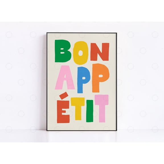 Bon Appetit Colorful Kitchen Slogan Wall Art, Unframed Paper Poster 8x10in