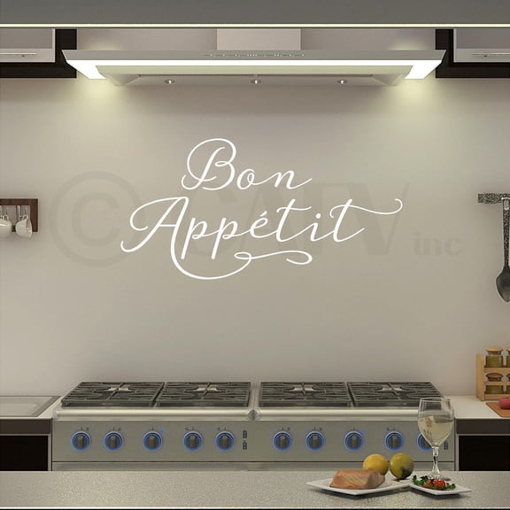 Bon Appetit (Cursive) Vinyl Lettering Wall Decal Sticker (12.5"H x 25"L, White)