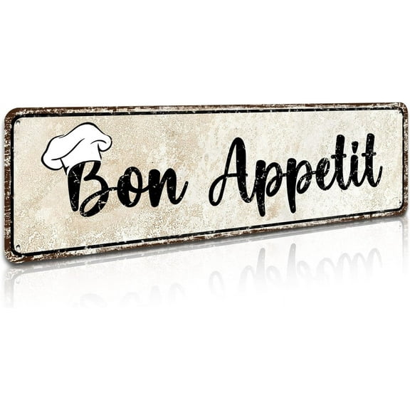 Bon Appetit French Chef, 4" by 16" Plaque Distressed Wall Metal Tin Sign for Home Bar Garden Kitchen Pub Bistro Wall Art Decor