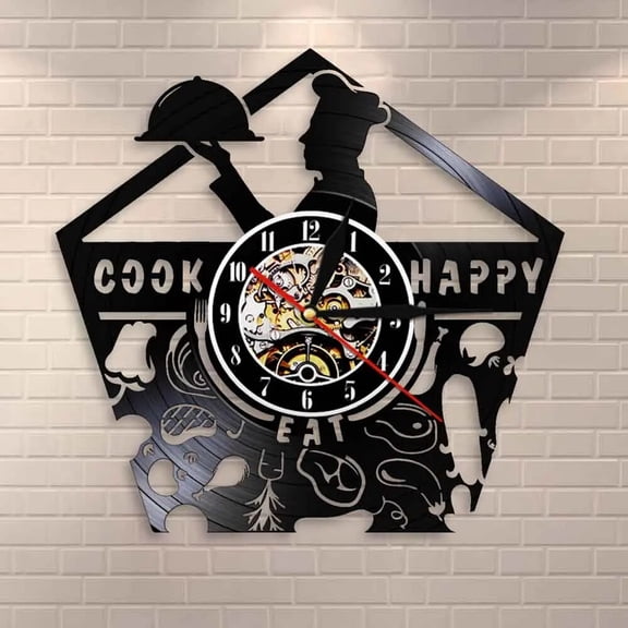 Bon Appetit Happy Cook Vinyl Wall Clock,Vinyl Record Clock Wall Art Black Handmade Art Home Unique Gift idea