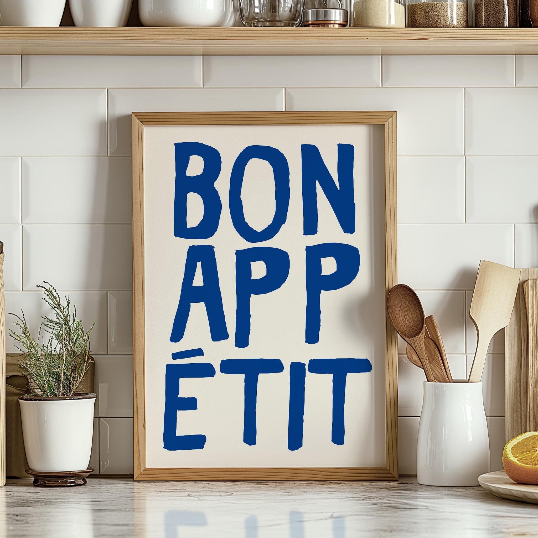 set of 2 bon appetit prints, retro cooking prints,... Bon Appetit Kitchen Print, Retro Kitchen Poster, Navy Blue Typography ...