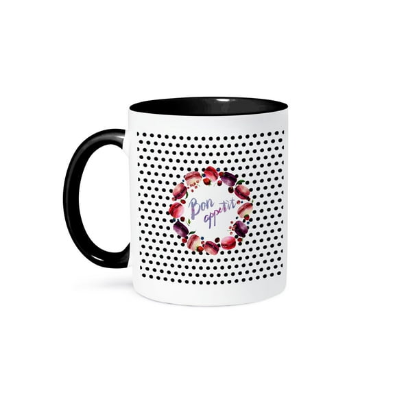 3drose, Bon Appetit - Polka Dot Pattern with Macarons Wreath and Typography, 11oz Two-tone Black Mug