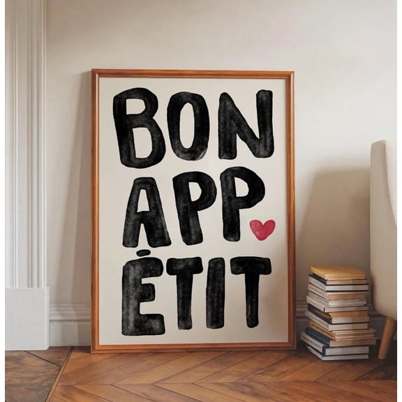 Bon Appetit Poster, Black Typography Print, French Quote Poster, Black and White Kitchen Wall Art, Retro Modern Hand Drawn Kitchen Print, Unframed Canvas 8x10in