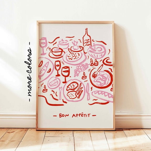 Bon Appetit Poster Red Pink Food Table Girly Preppy Kitchen Wall Decor Design1 Poster, Unframed Size 24x36
