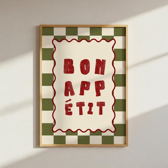 Bon Appetit Print Retro Kitchen Wall Art Checkered Typography Poster