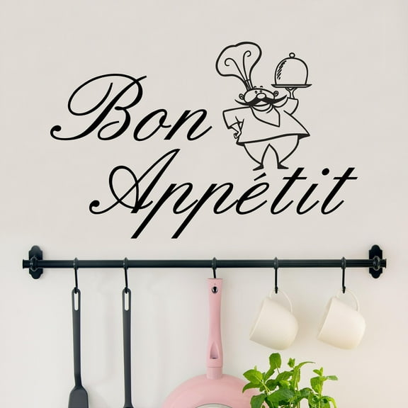 Bon Appetit with Chef Vinyl Lettering Wall Decal Sticker Kitchen Decor Decals - SIze: 12.5"H x 19.5"L - Color: Black