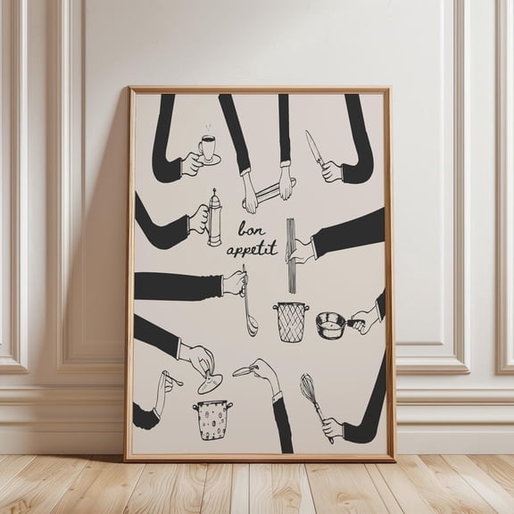 Bon Appetite Retro Kitchen Art Cooking Hands Food Poster Trendy Minimalist Chef Sign 5 Unframed Paper Print