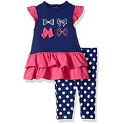 Bon Bebe Baby Girls 2 Pc Flutter Sleeve Dress & Legging Set, Blue Polkadots & Bows, 0-3 Months