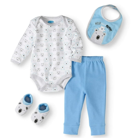 Bon Bebe Boys 0-9 Months Bear 4-Piece Bodysuit Set (Blue 0-3 Months)