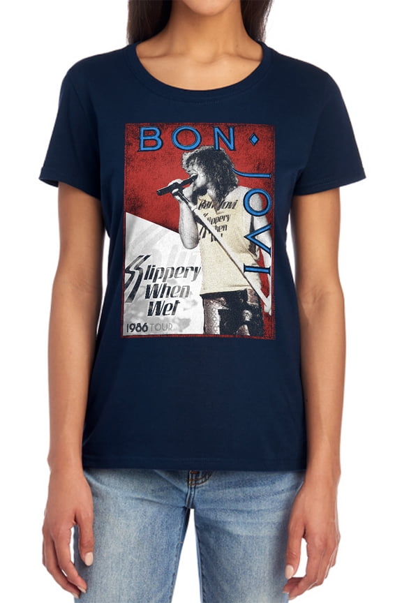 Bon Jovi 86 Tour Women's T Shirt, Navy, Medium