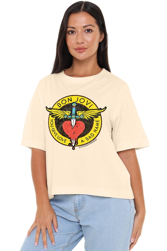 Bon Jovi Bad Name Dagger Women's Boxy Cropped T-Shirt Casual Graphic Tee
