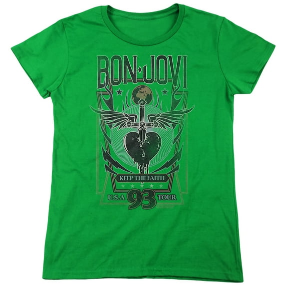Bon Jovi Keep The Faith Women's T Shirt, Kelly Green, 2X-Large