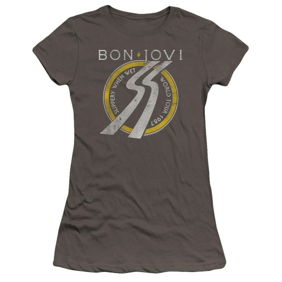 Bon Jovi Slippery When Wet World Tour Premium Junior Women's Sheer T-Shirt Charcoal