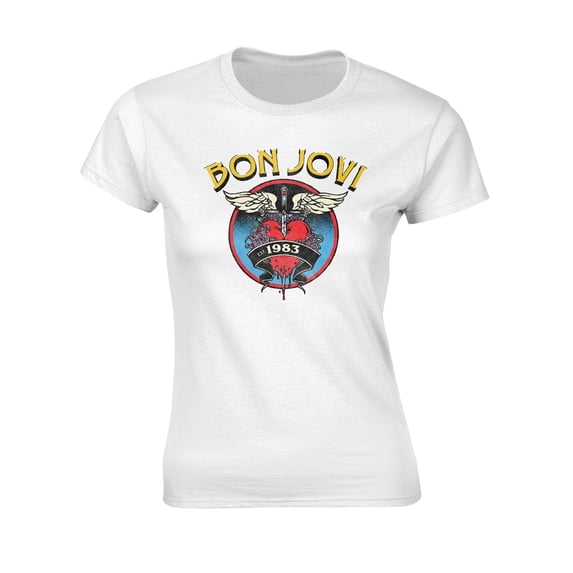 Bon Jovi T Shirt Heart 1983 Band Logo new Official Womens Skinny Fit White