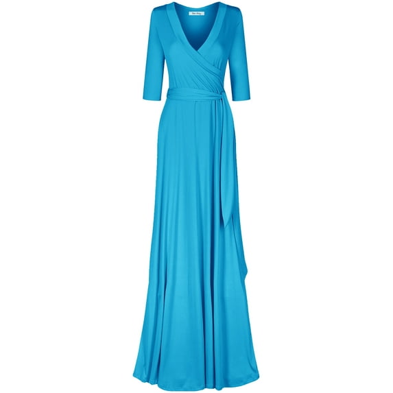Bon Rosy, Women's, 3/4 Sleeve Deep V-Neck Maxi Faux Wrap Solid Dress, Aqua, L