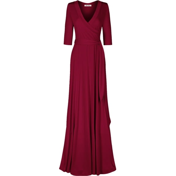 Bon Rosy, Women's, 3/4 Sleeve Deep V-Neck Maxi Faux Wrap Solid Dress, Burgundy, XL