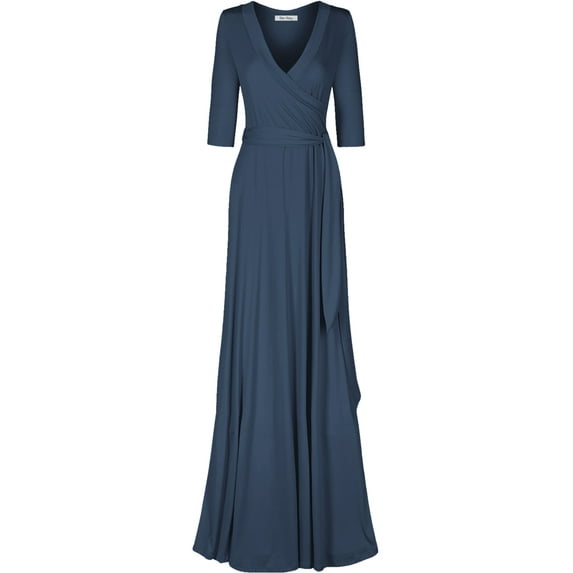 Bon Rosy, Women's, 3/4 Sleeve Deep V-Neck Maxi Faux Wrap Solid Dress, Charcoal, L
