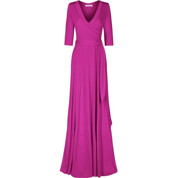 Bon Rosy, Women's, 3/4 Sleeve Deep V-Neck Maxi Faux Wrap Solid Dress, Magenta, L