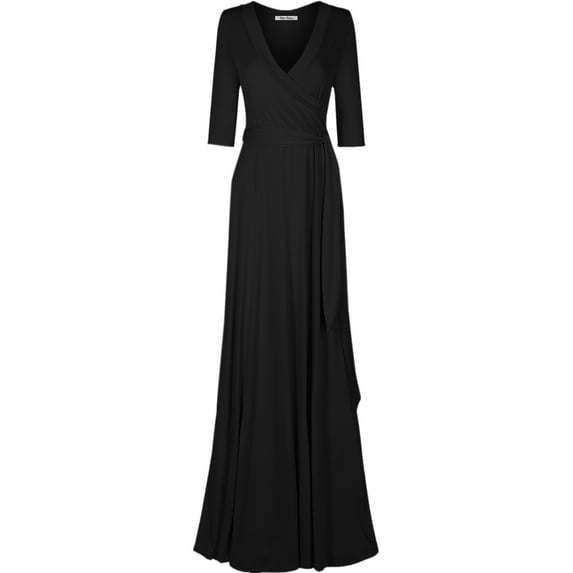 Bon Rosy, Women's, 3/4 Sleeve Deep V-Neck Maxi Faux Wrap Solid Plus Size Dress, Black, 1X