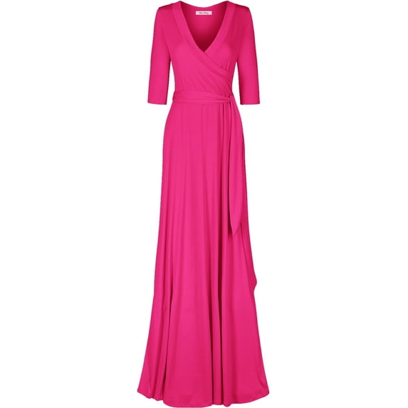 Bon Rosy, Women's, 3/4 Sleeve Deep V-Neck Maxi Faux Wrap Solid Plus Size Dress, Fuchsia, 1X