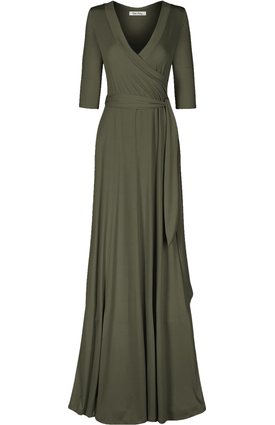 Bon Rosy Women's Deep V-Neck Faux Wrap Maxi Dress - 3/4 Sleeve Plus Size Dress In Hunter Green