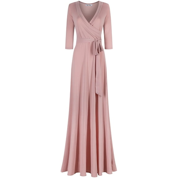 Bon Rosy, Women's, 3/4 Sleeve Deep V-Neck Maxi Faux Wrap Solid Plus Size Dress, Peach, 2X